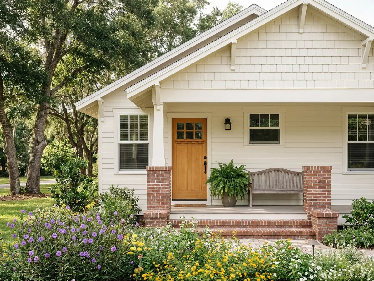 White cottage with brick porch columns and a natural wood door