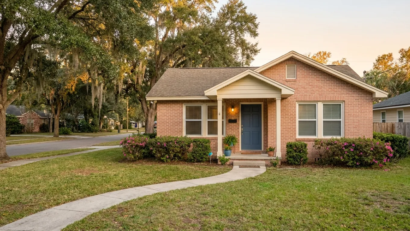One-story brick home with a shaded porch and mature trees